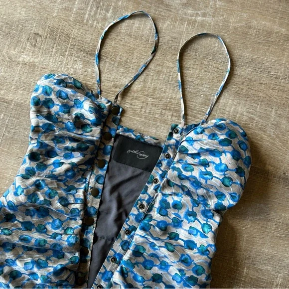 RACHEL COMEY 100% Silk Ruched Y2K Mini Dress sz S Snap Front Spaghetti Strap - Picture 15 of 15